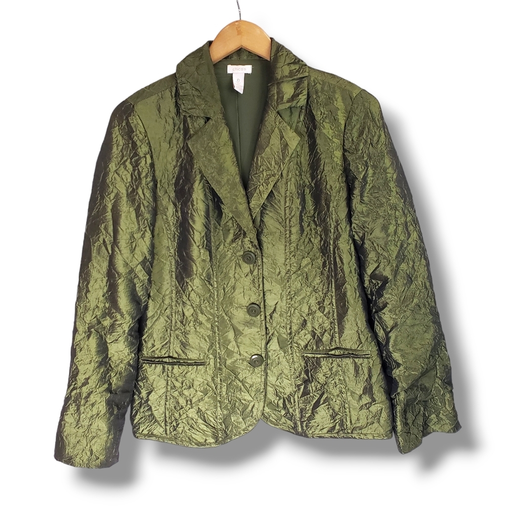 Chicos Green Metallic Crinkle Foil Light-weight Blazer Size Small